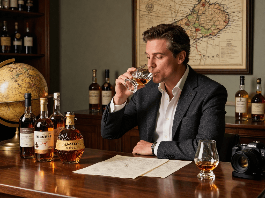 Enjoying Blanton's Gold in a refined tasting setting filled with premium whiskeys and warm candlelight.
