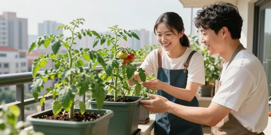 Growing tomatoes in pots with trusted local gardening services on a sunny balcony.