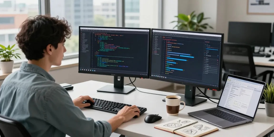 Dynamic workspace showcasing AI automation developer focused on coding and data analytics.