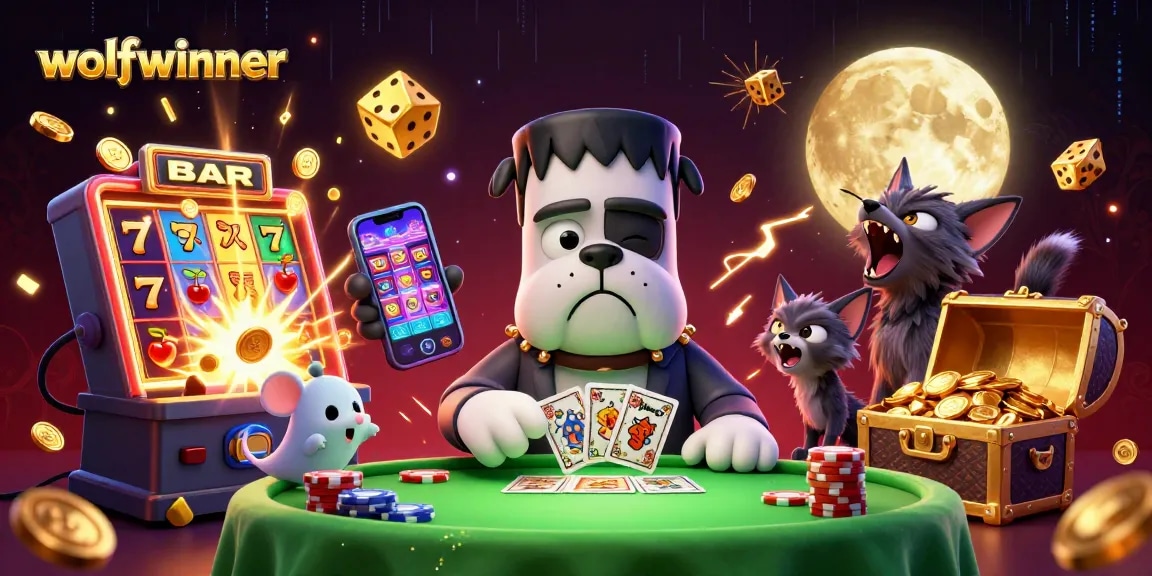 wolfwinner captures a thrilling casino scene with a bulldog dealer, glowing slot machine, and festive atmosphere.