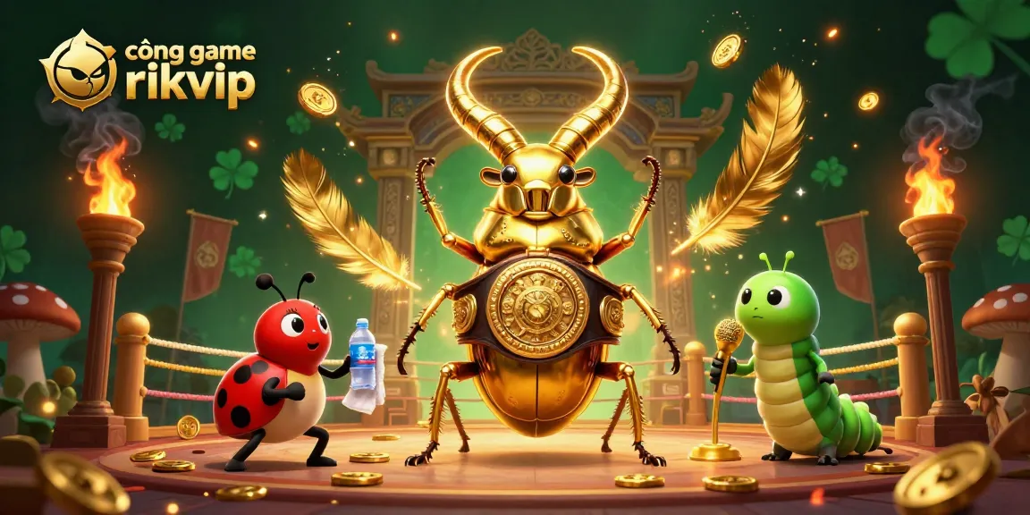 Cổng game rikvip showcases a vibrant scene with a 3D cartoon golden stag beetle champion, embodying thrilling gaming action.
