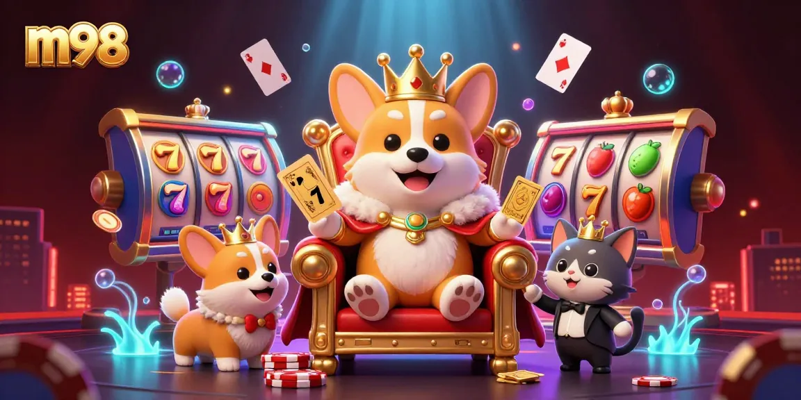 Experience m98 with dazzling poker elements featuring a royal corgi in a casino throne.