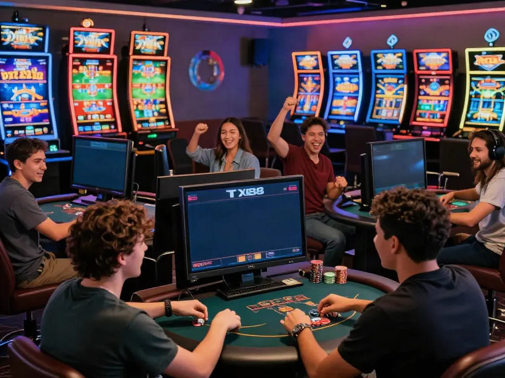 Dynamic gaming scene at https://tx88bet.vip/ showcasing diverse players enjoying online casino games.