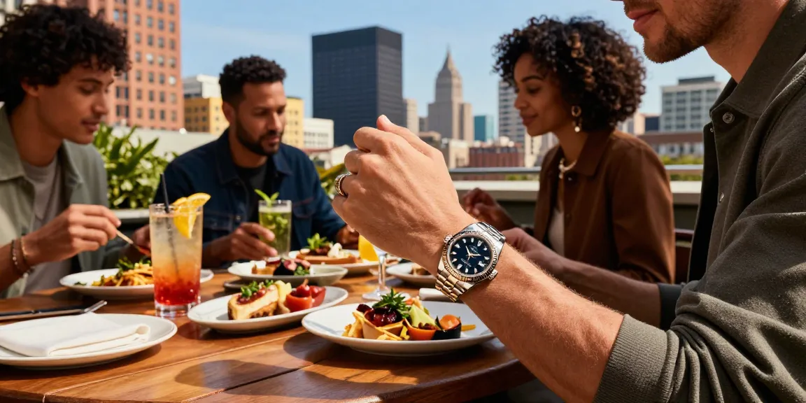 Admiring Rolex super clone watches during a stylish rooftop brunch in an urban setting with gourmet dishes and vibrant cityscape.