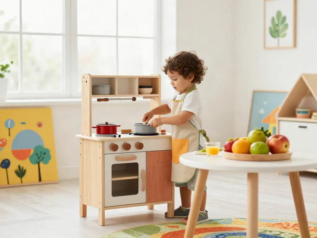 Child enjoying imaginative play at a colourful play kitchen, creating joyful moments.