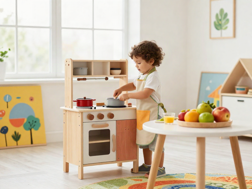 Child enjoying imaginative play at a colourful play kitchen, creating joyful moments.