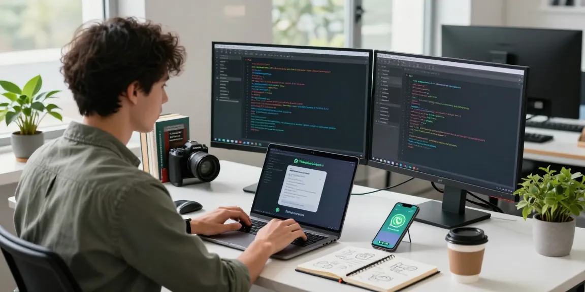 WhatsApp下載 in a developer's workspace with modern coding setup and tech elements.