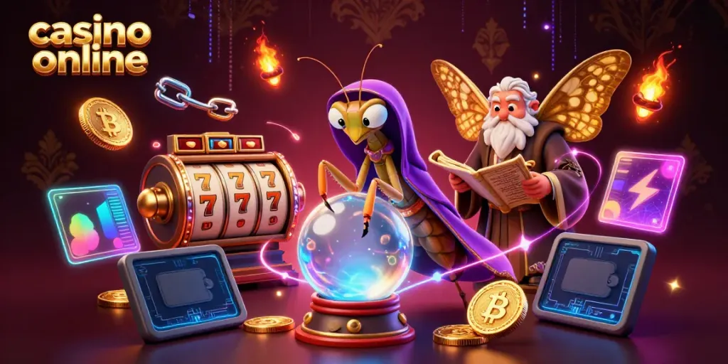 Engage with casino online excitement in a vibrant 3D scene filled with fortune tellers and gaming elements.