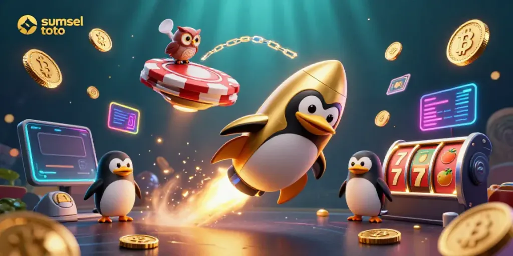 Discover sumsel toto excitement with a golden penguin and slot games in a cosmic casino scene.