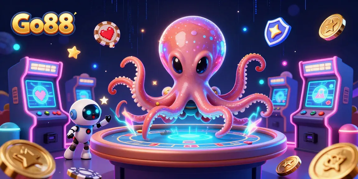 Engage with Go88, featuring winning poker strategies and holographic gaming details in a vibrant casino scene.