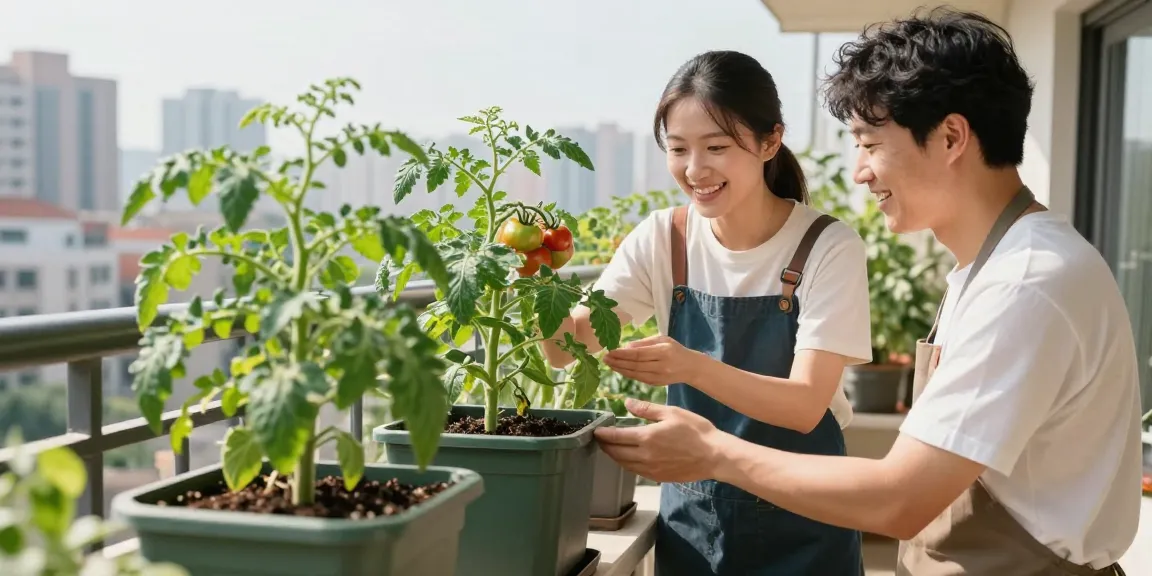 Growing tomatoes in pots with trusted local gardening services on a sunny balcony.