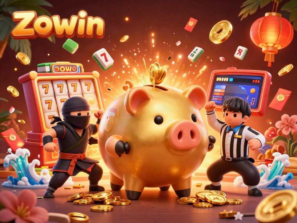 Zowin showcases a dynamic 3D casino scene with a golden pig sumo wrestler and exciting game elements.