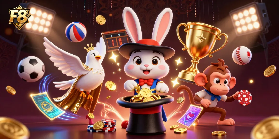 F8BET features a 3D magician rabbit pulling coins, a dove assistant, and a monkey with poker chips in an exciting casino scene.