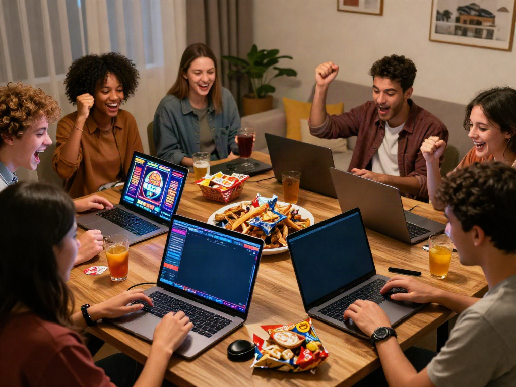 Group of friends celebrating wins while playing at mastercard casinos in a cozy home.