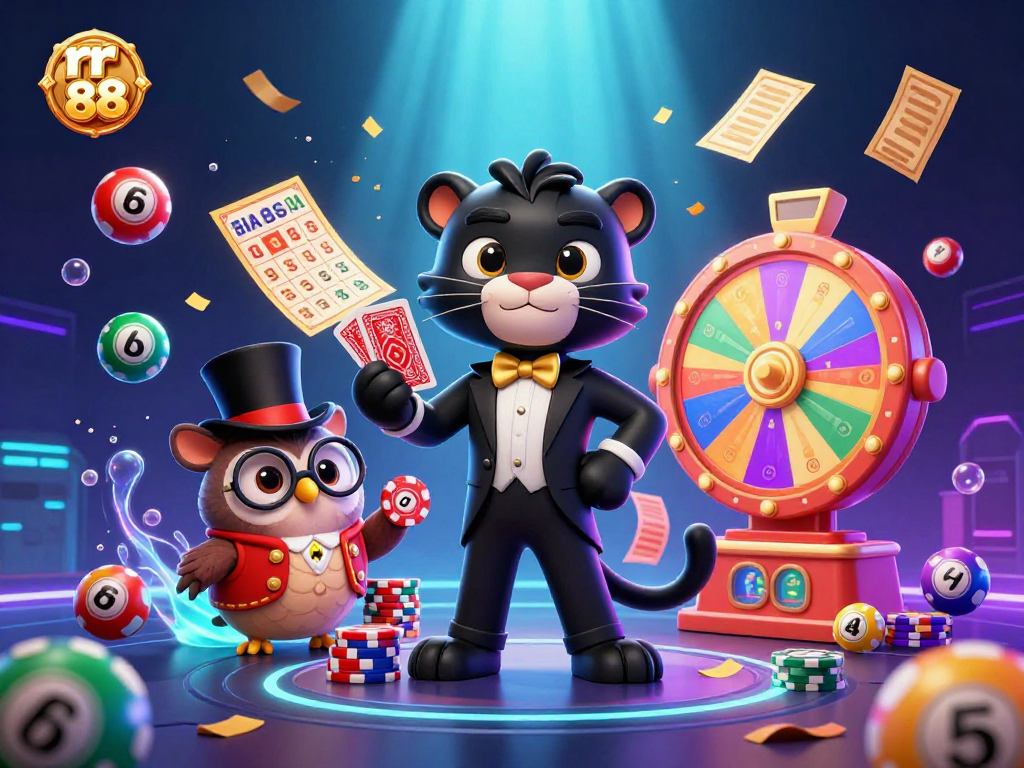 rr 88 showcases a stylish panther dealing cards with an owl and lucky mouse amid vibrant casino-themed elements.
