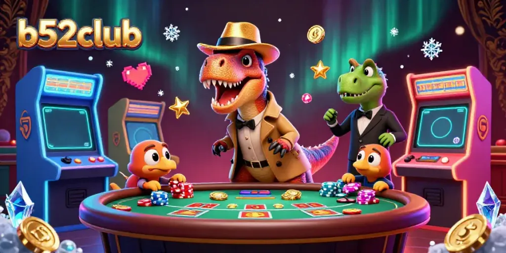 Experience thrilling gaming action at b52club with a cartoon velociraptor card counter at a blackjack table.