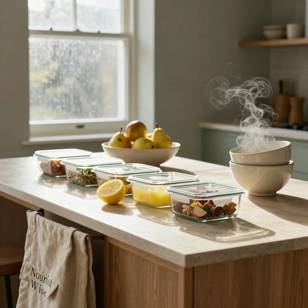 Glass meal boxes, pears, lemon and bowls on a bright London kitchen island in spring light.