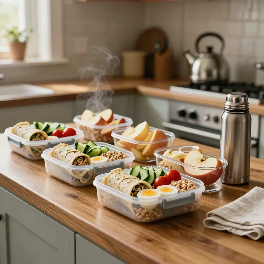 Lunchboxes, fruit pots and a thermal flask arranged on a warm kitchen counter.