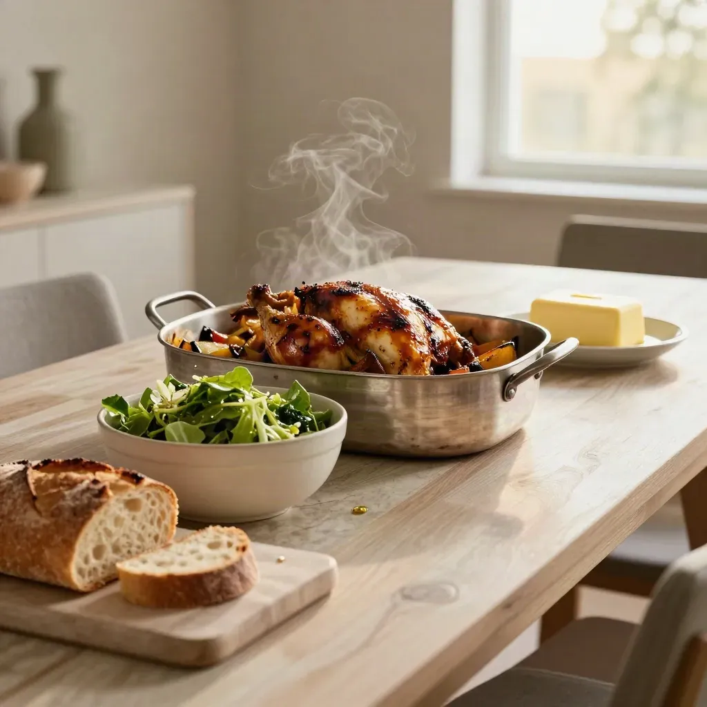 Steaming family dinner spread with roast chicken, salad, bread and serving bowls on a table