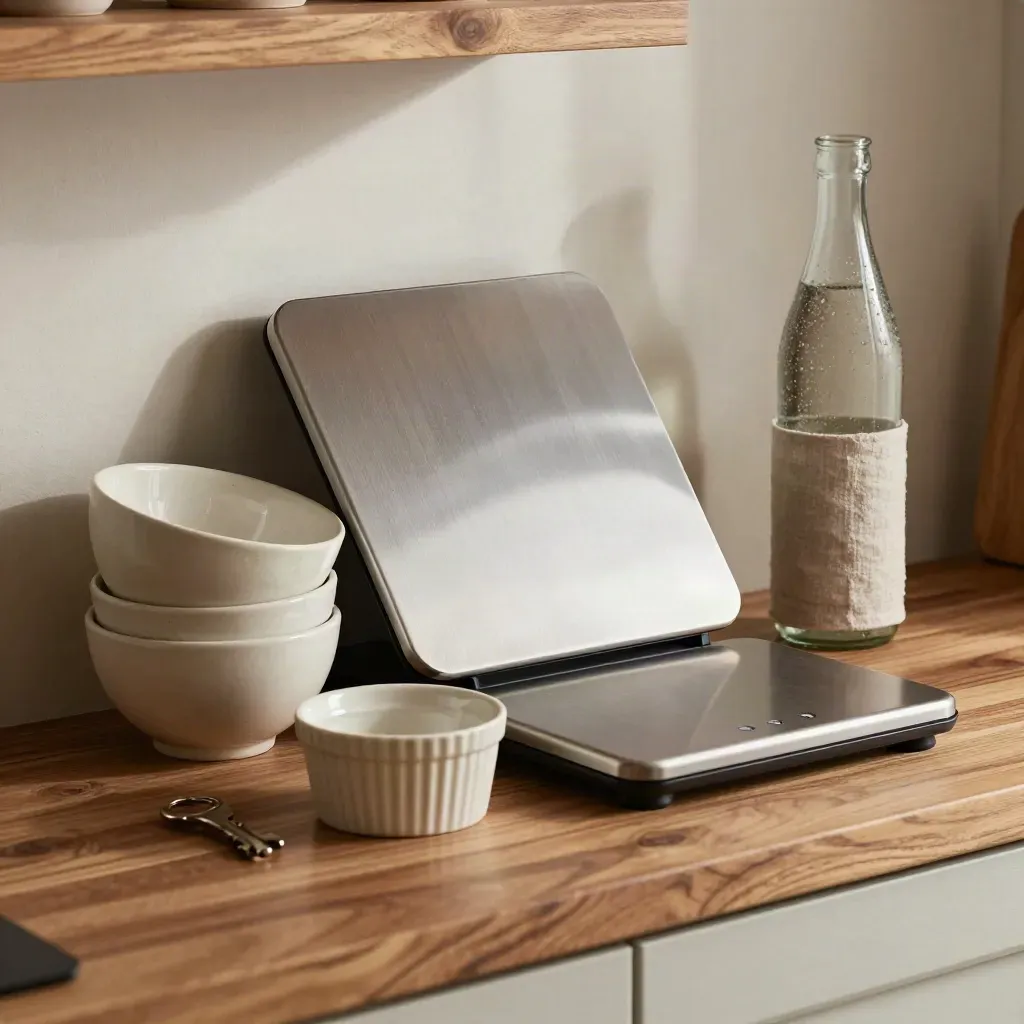 Kitchen scale, cream portion bowls, water bottle and ramekins on a walnut prep ledge.