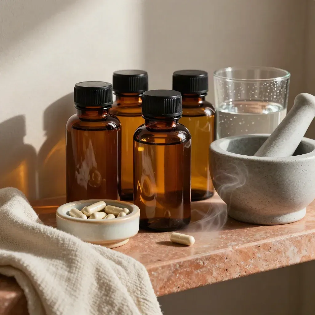 Amber supplement bottles, capsule dish, water glass, and mortar on a steamy stone shelf.