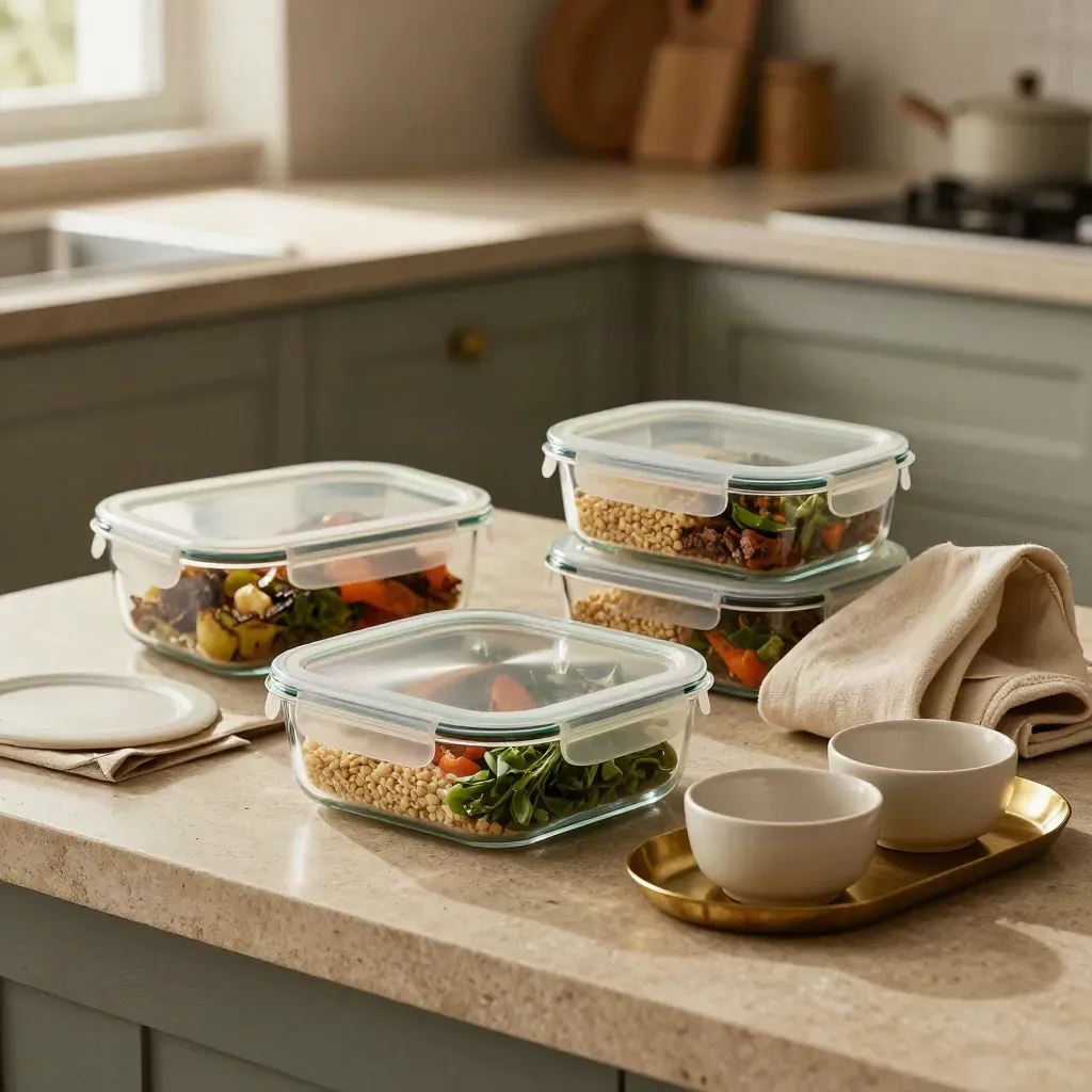 Glass meal containers, linen tote, and ceramic bowls on a pale stone kitchen counter.