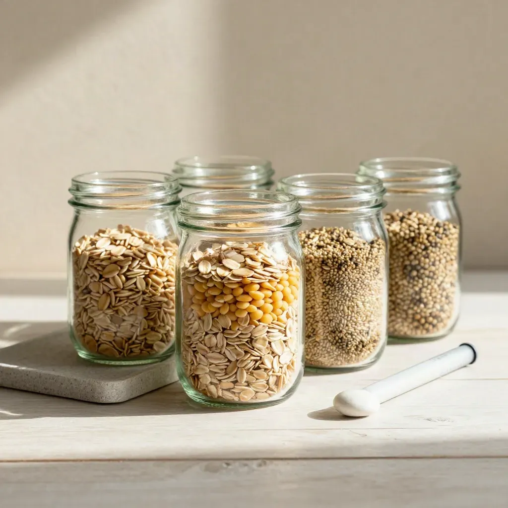 Row of glass jars with rising fill levels beside a stone tray on a pale wood surface