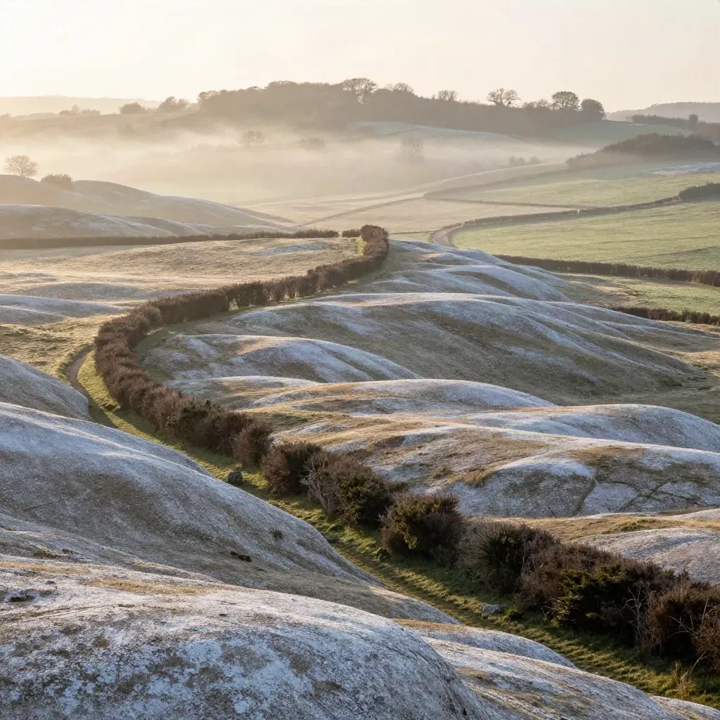 Hazy Surrey Hills downs with hedgerows, a path, and distant trees at dawn