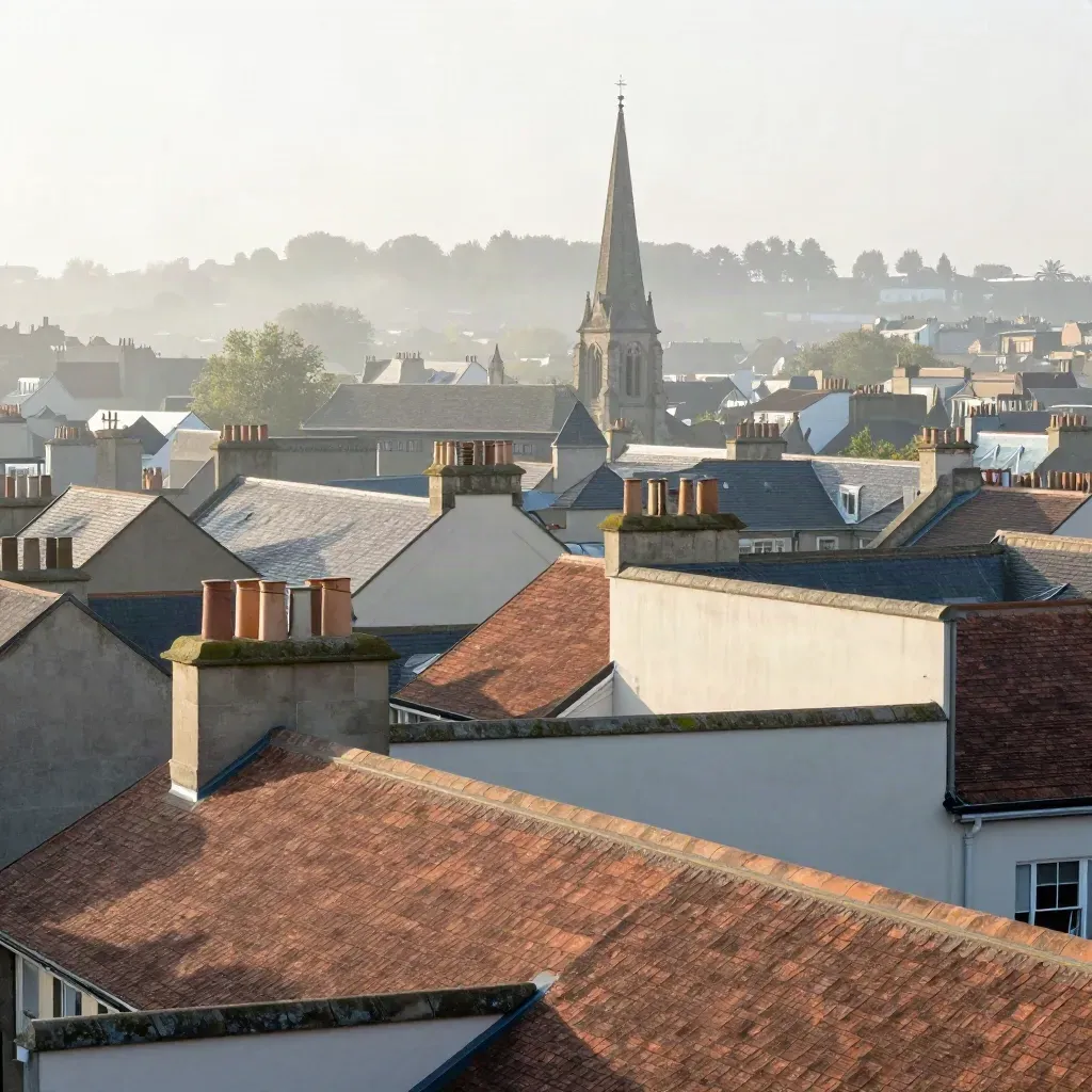Mist-soft UK rooftops and church spires under a bright morning sky, leaving calm space for copy.