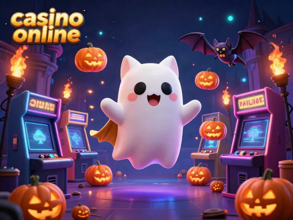 Experience the thrill of playing casino online with a friendly ghost cat and vampire bat in a haunted casino.