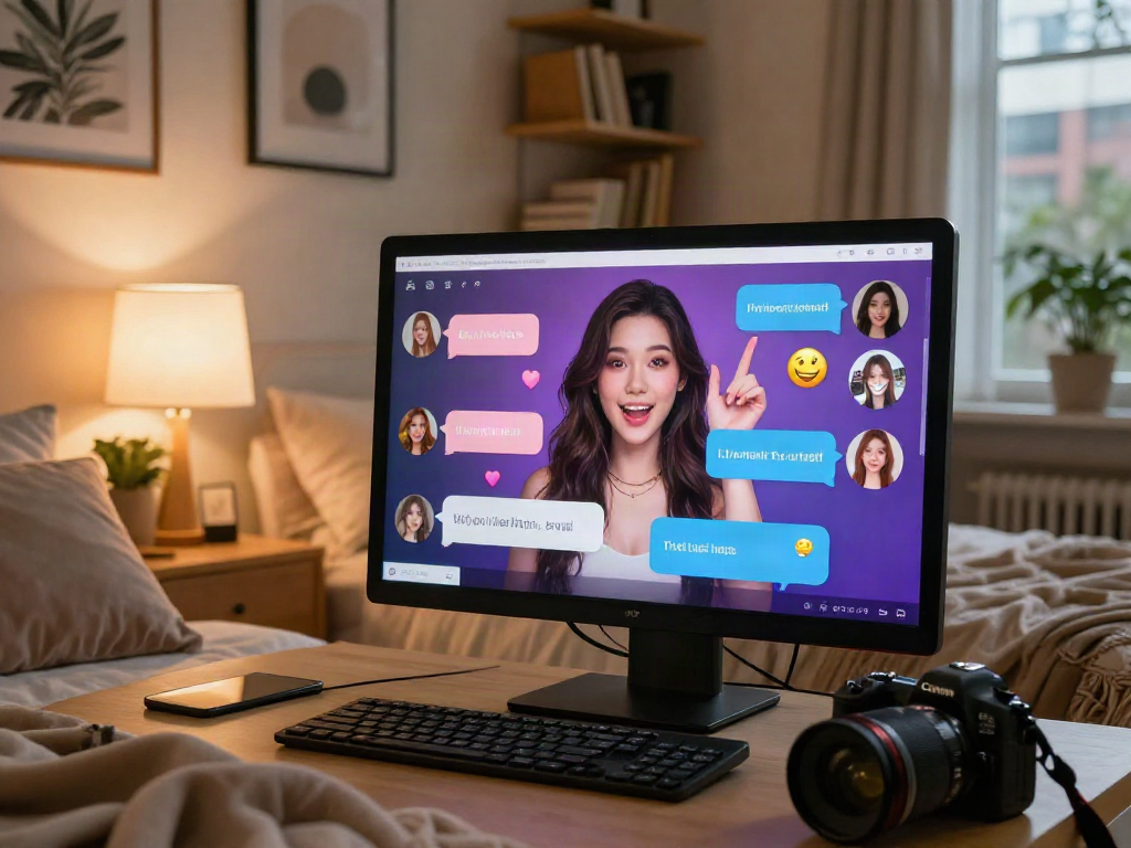 Engaging ai porn chat conversation with a virtual character in a cozy bedroom.