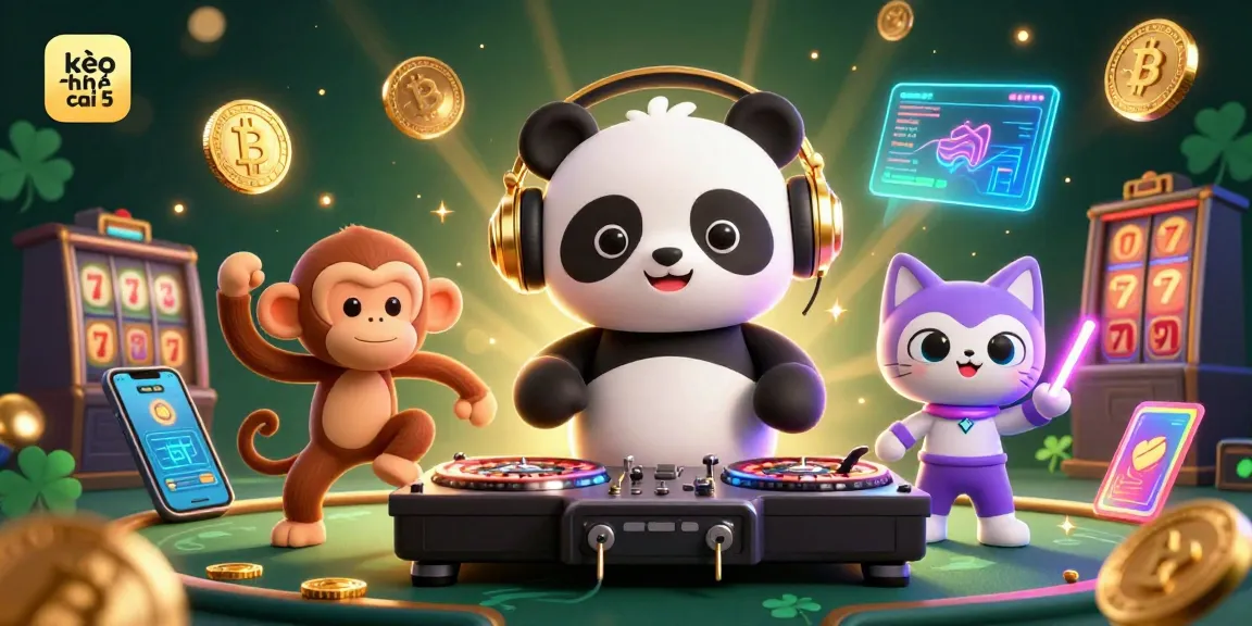 Spin to win with kèo nhà cái 5 gaming, featuring animated characters and vibrant casino elements.