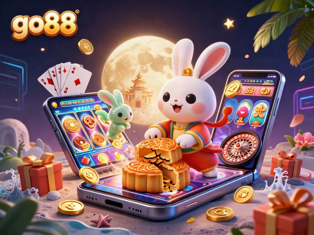 Experience go88's vibrant gaming world with a moon rabbit uncovering hidden poker chips.