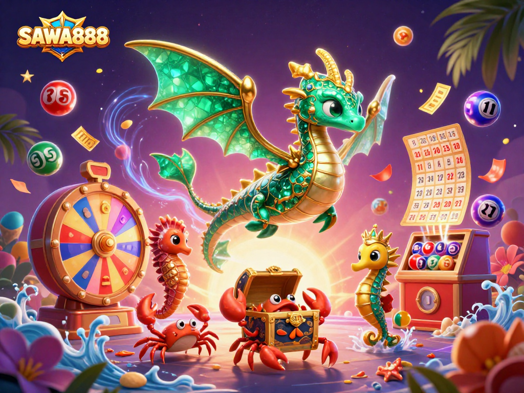 Experience the enchanting SAWA888 sea dragon guarding treasures amidst exciting gambling elements.