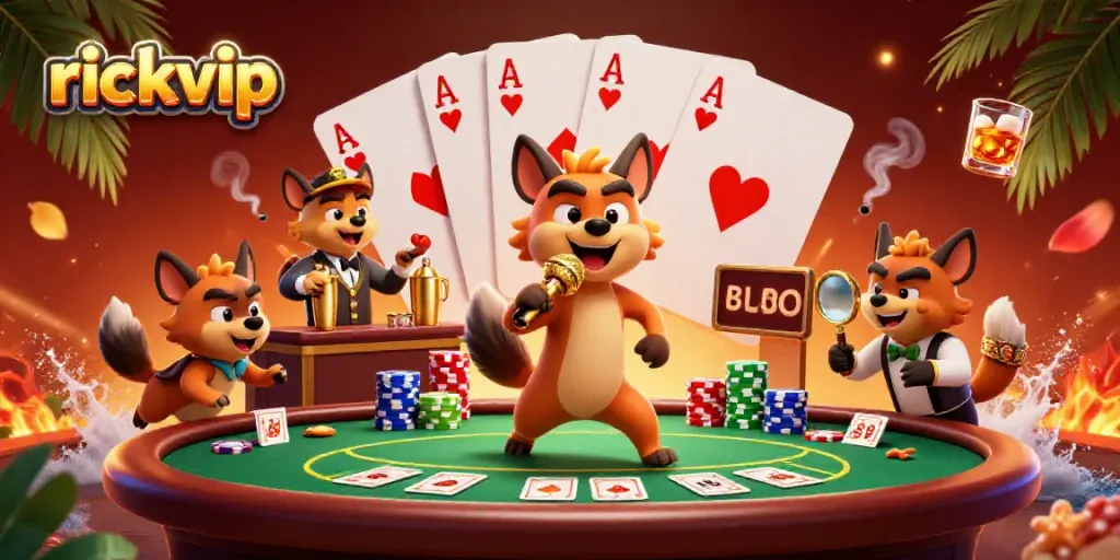 Laugh and win at rickvip, featuring animated hyenas in a vibrant casino scene full of poker elements.