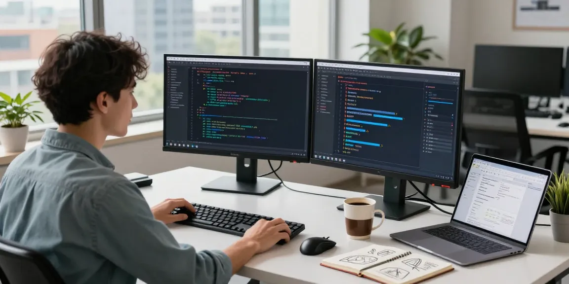 Dynamic workspace showcasing AI automation developer focused on coding and data analytics.
