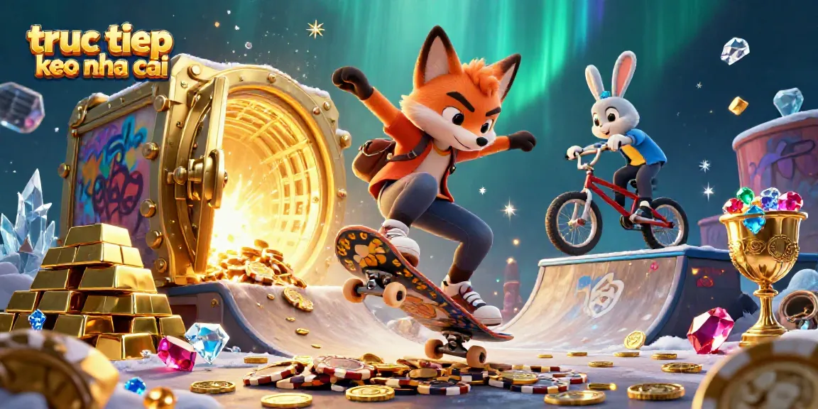 Engaging scene with a skateboard fox and a BMX rabbit showcasing truc tiep keo nha cai among casino elements and treasures.