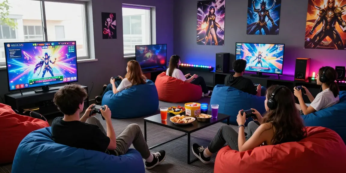 Players enjoying a thrilling hentai game experience in a vibrant gaming lounge with colorful decor.