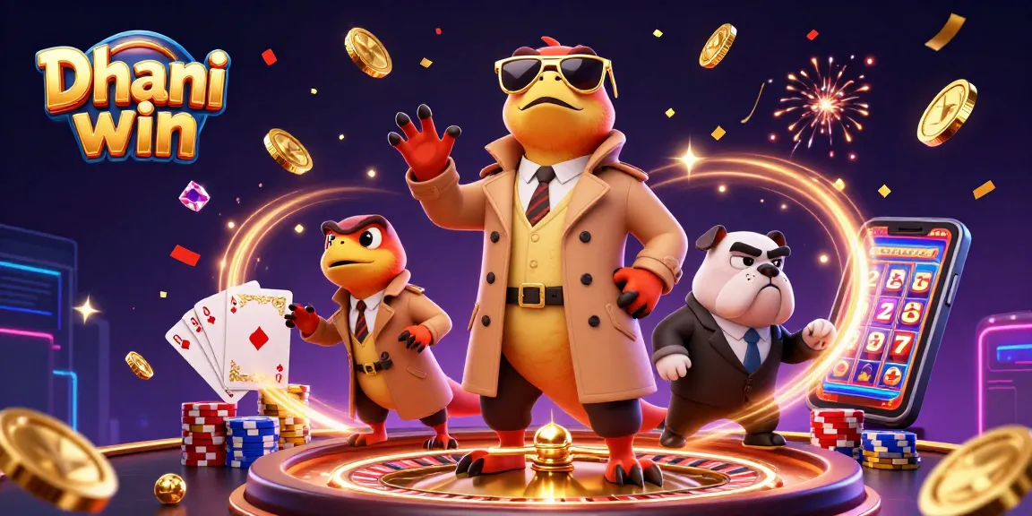 Dhani win showcases raptors sneaking into a VIP casino with golden coins and sparkling gems cascading around.