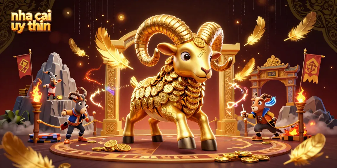 Engage with the best nha cai uy tin featuring an ultra-detailed 3D cartoon illustration of a golden ram charging at a casino.