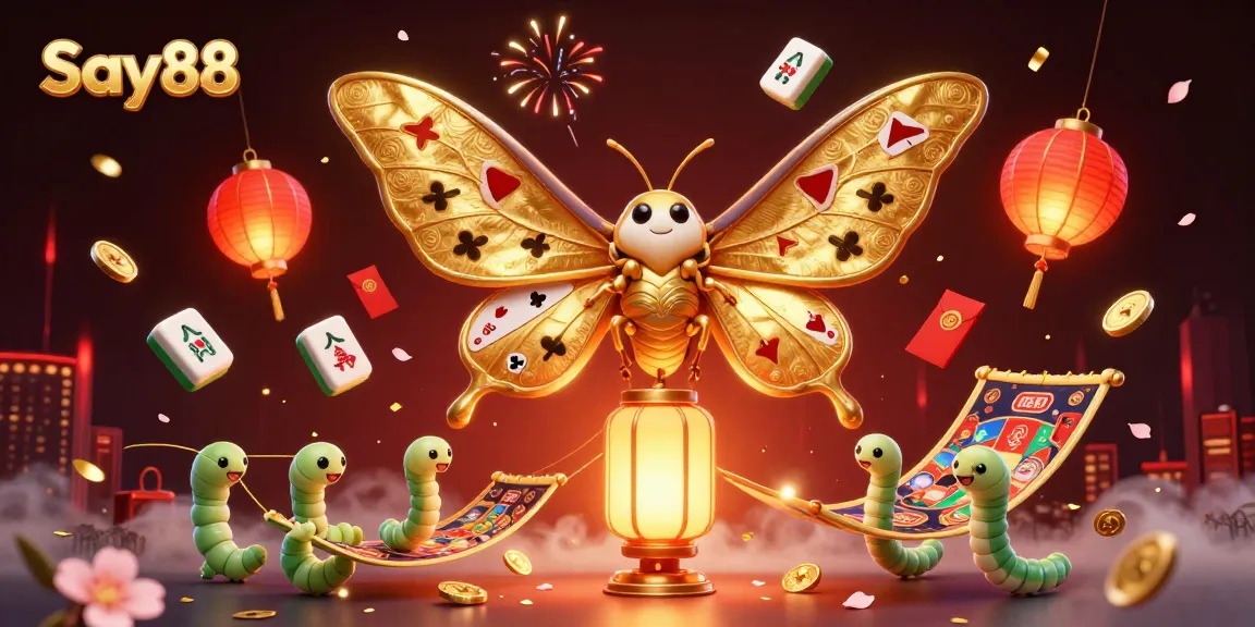 Experience thrilling gameplay with Say88, featuring golden moths and floating mahjong tiles in a vibrant casino scene.