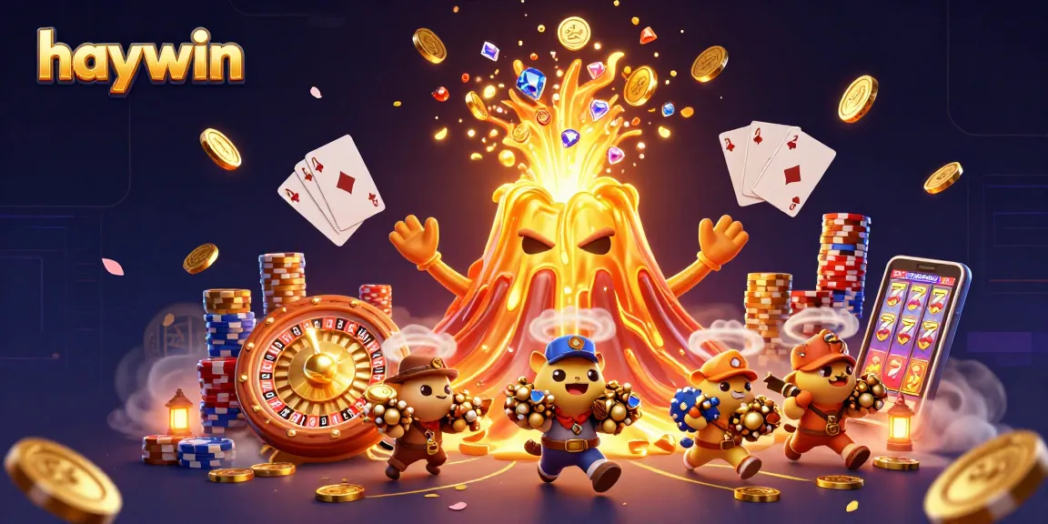 Join the winning fun at Haywin with an erupting volcano showering treasures in this vibrant casino scene.