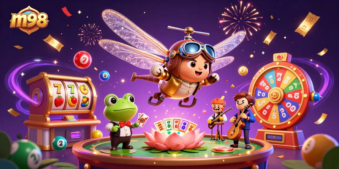Experience thrilling m98 gaming with vibrant scenes of slot games and excitement.