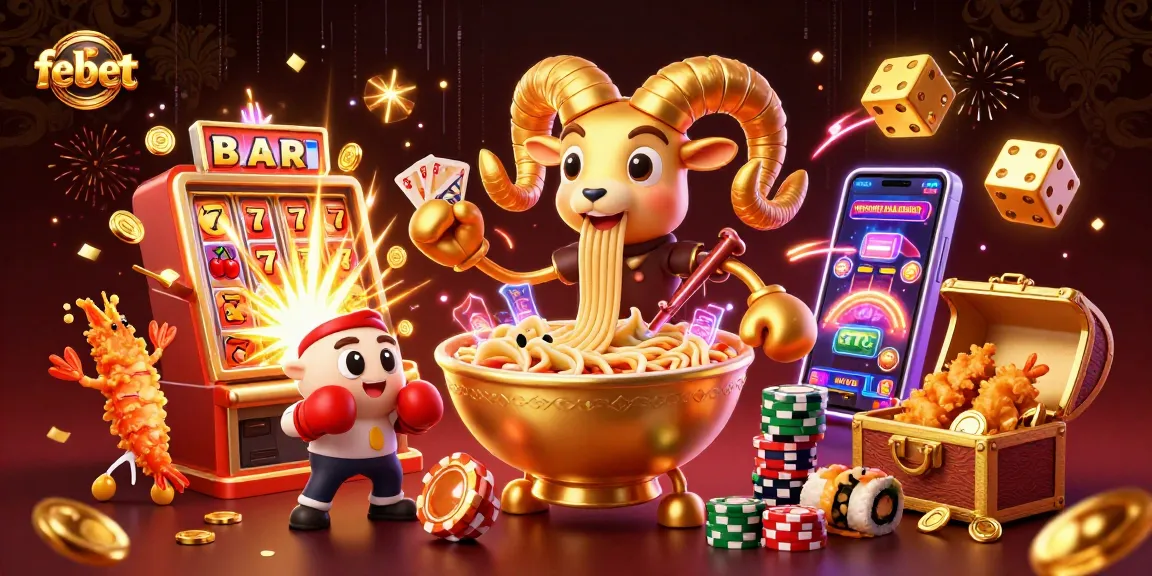 Experience febet with a vibrant scene featuring a cartoon ramen bowl dealer and festive casino game elements.