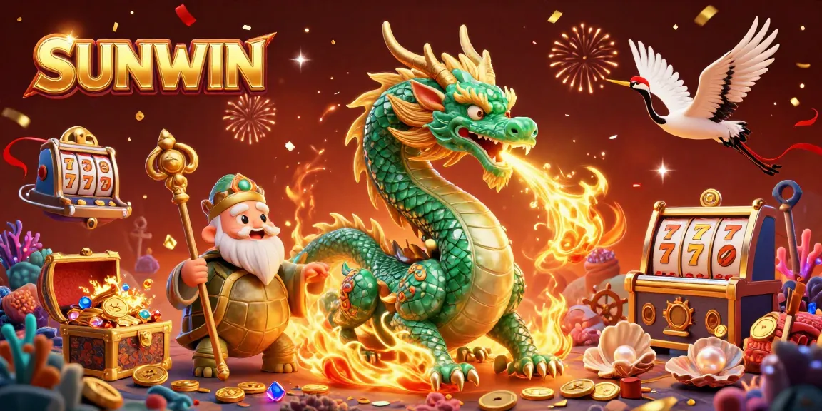 SUNWIN brings luck with a jade dragon and turtle sage amidst colorful casino elements and treasures.