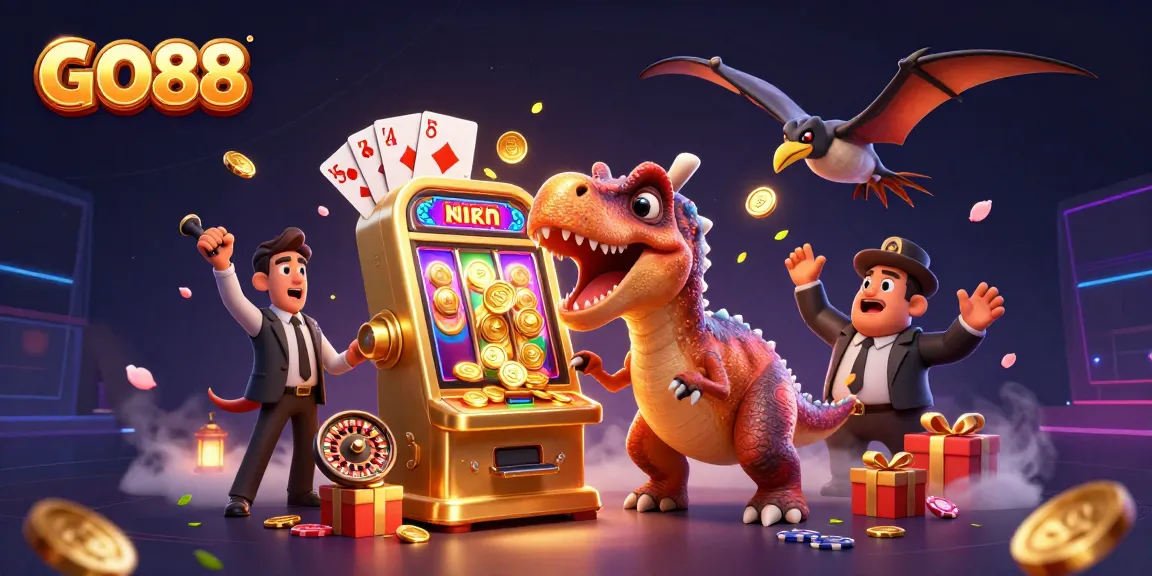 Win big with GO88 while a pterosaur catches flying coins from a jackpot slot!