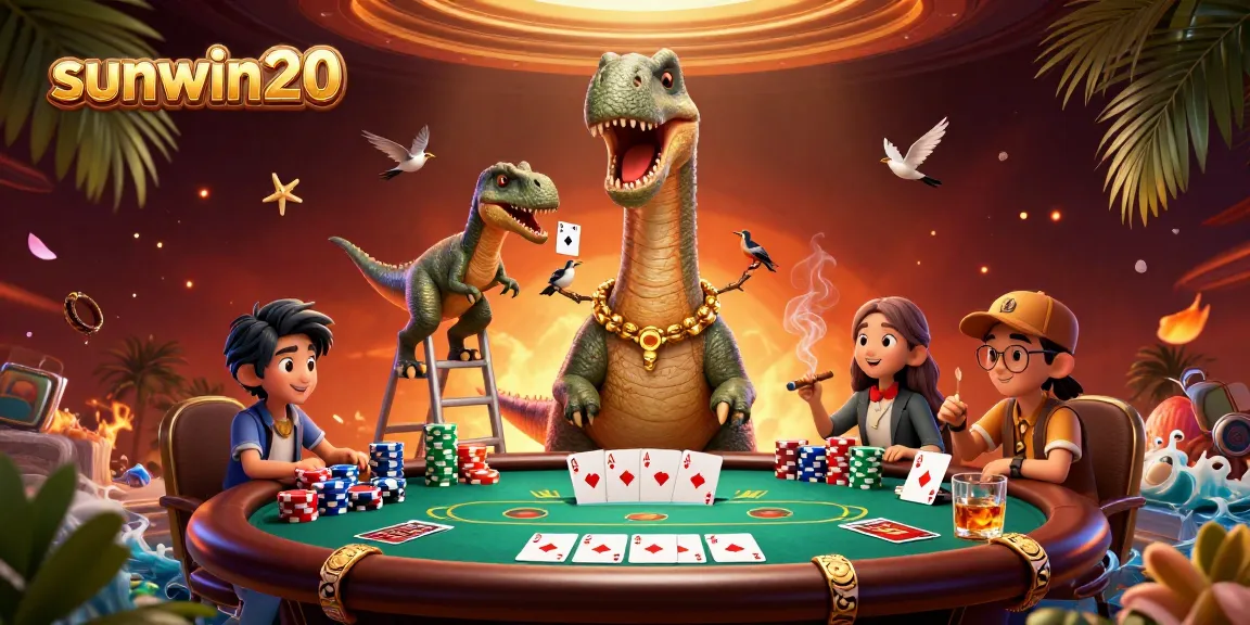Experience exciting action at sunwin20 with a lively poker scene featuring a giant brontosaurus and clever raptor.
